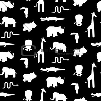 Black and white animal silhouettes seamless pattern vector.