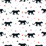 Silhouette of leopard seamless white pattern.