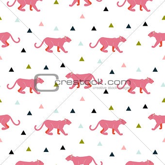 Pink panther animal seamless vector pattern.