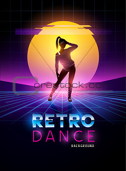 Retro 1980's dancing lady with glitch sunset background