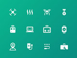 Flight quadrocopter set icons on green background.