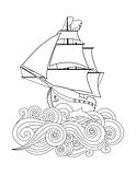 Contour image of ship on the wave in zentangle ispired doodle style isolated on white. Vertical composition.