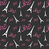 Seamless pattern Eiffel Tower with hearts.Hand drawing .