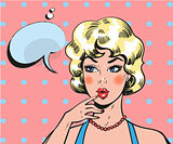 Pin up woman wondering. Pop art retro comic blond beauty