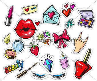 Fashion patch badges with lips and make up elements pop art