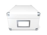 White leather closed box, with chrome corners and blank label. F