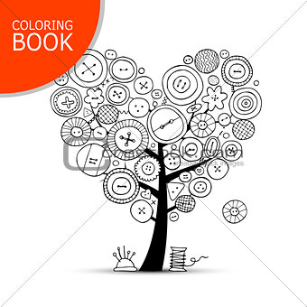 Sewing tree with buttons. Coloring book page design