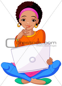 Young African Woman Sitting On Cushion with Laptop