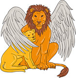 Winged Lion With Cub Under Its Wing Drawing