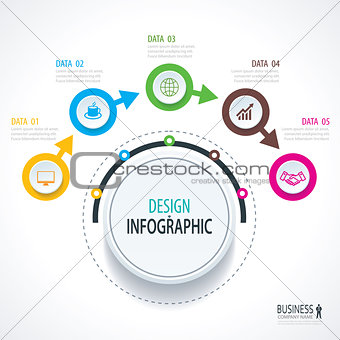 Business timeline infographics with 5 circles steps number optio
