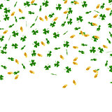 St. Patrick s Day background. Green leaves clover and gold coins fall on white background. Traditional Irish symbols of good luck and success.