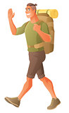 Hiking backpacker waving hand. Vector illustration.
