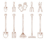 hand drawn garden tools set