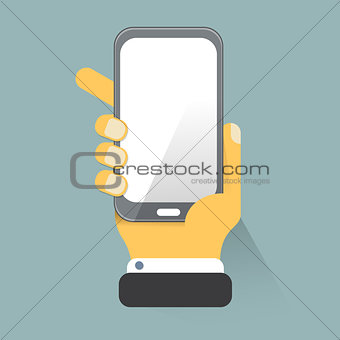 Holding smartphone in hand. Flat style vector illustration_EPS10