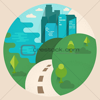 Stylized daylight cityscape.  Flat design vector illustration wi