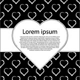 Valentines card. White hearts on black background with text frame