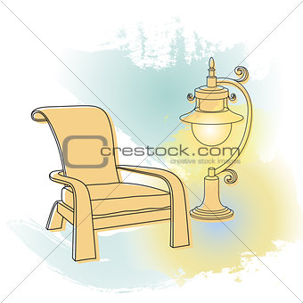 Vector drawing.  Outlines lamp and armchair.