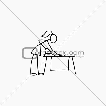 Stick figure woman ironing