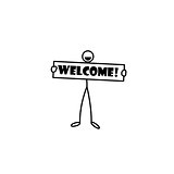 Stick figure holding welcome sign