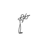 Cartoon icon of sketch stick musician figure in cute miniature scenes.