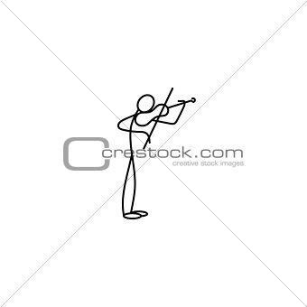 Cartoon icon of sketch stick musician figure in cute miniature scenes.