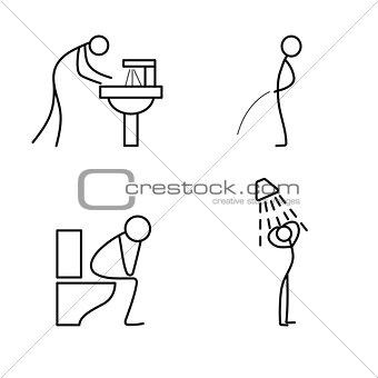Cartoon icon of sketch stick figure doing life routine
