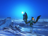 3D fire breathing dragon in icy landscape