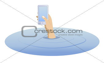 Hand with a telephone rising from the water
