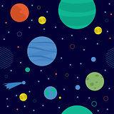 Awesome cosmic seamless pattern with earth, moon, stars and comets.