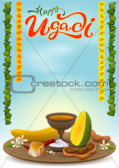 Happy Ugadi greeting card with festive dish. Hot red pepper, salt, brown sugar, banana, green mango, tamarind juice, neem flowers