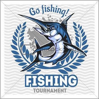 Fishing emblem with blue marlin. Badge and design elements