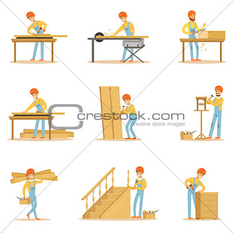 Professional Wood Jointer At Work Crafting Wooden Furniture And Other Construction Elements Vector Illustrations