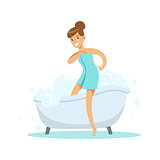 Girl Going Out OF Bathtub, Part Of People In The Bathroom Doing Their Routine Hygiene Procedures Series