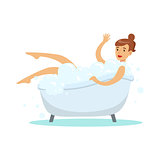 Woman Taking Bubble Bath, Part Of People In The Bathroom Doing Their Routine Hygiene Procedures Series