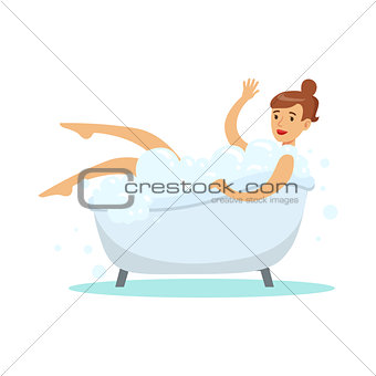 Woman Taking Bubble Bath, Part Of People In The Bathroom Doing Their Routine Hygiene Procedures Series