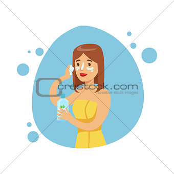 Woman Applying Moisturizing Cream On Face, Part Of People In The Bathroom Doing Their Routine Hygiene Procedures Series