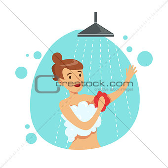 Woman Washing Herself With Sponge In Shower, Part Of People In The Bathroom Doing Their Routine Hygiene Procedures Series