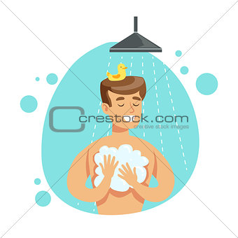 Man Washing Himself With Soap In Shower, Part Of People In The Bathroom Doing Their Routine Hygiene Procedures Series