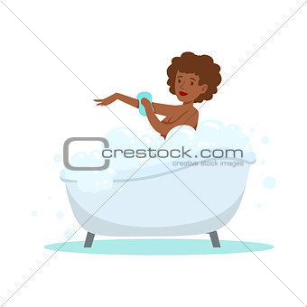 Girl Washing Herself WIth Sponge In Bath, Part Of People In The Bathroom Doing Their Routine Hygiene Procedures Series
