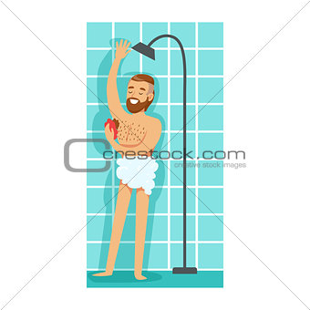 Man Washing Himself With Washcloth In Shower, Part Of People In The Bathroom Doing Their Routine Hygiene Procedures Series