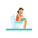 Woman Thinking Sitting On Toilet, Part Of People In The Bathroom Doing Their Routine Hygiene Procedures Series