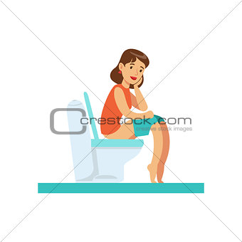 Woman Thinking Sitting On Toilet, Part Of People In The Bathroom Doing Their Routine Hygiene Procedures Series