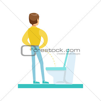 Man Peeing In The Tolet, Part Of People In The Bathroom Doing Their Routine Hygiene Procedures Series