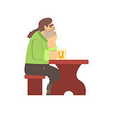 Man With Ponytail Drinking Alone At The Table, Beer Bar And Criminal Looking Muscly Men Having Good Time Illustration