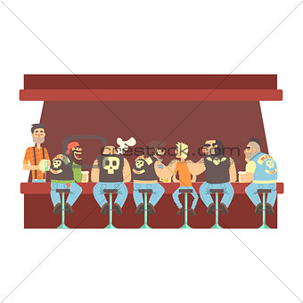 Gang Of Bikers And One Skinny Young Guy Stting At The Counter With Calm Barmen Behind , Beer Bar And Criminal Looking Muscly Men Having Good Time Illustration
