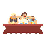 Three Gang Members With Scull Tatoo Drinking At The Long Table, Beer Bar And Criminal Looking Muscly Men Having Good Time Illustration