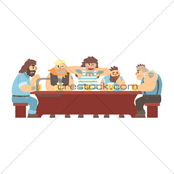 Long Table With Tattoed Gang Having Drinks, Beer Bar And Criminal Looking Muscly Men Having Good Time Illustration