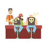 Two Bikers Chatting At The Counter In Leather Vests And Jeans , Beer Bar And Criminal Looking Muscly Men Having Good Time Illustration