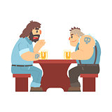 Two Gang Members With Tattooes Talking At The Table, Beer Bar And Criminal Looking Muscly Men Having Good Time Illustration
