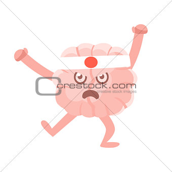 Humanized Brain Karate Fighter Fighting In Asian Style, Intellect Human Organ Cartoon Character Emoji Icon